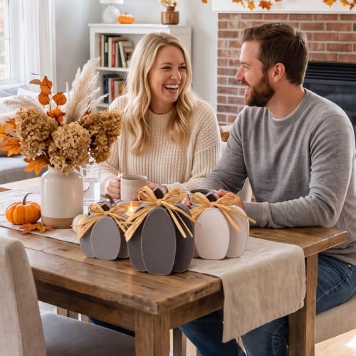 Ferraycle 3 Pcs Fall Pumpkin Decor Fall Wooden Signs 3D Pumpkin Tabletop Decor Farmhouse Sign Rustic Tiered Tray Decorations Block Centerpieces Standing Sign for Home Kitchen Harvest (Retro Color) - Image 4