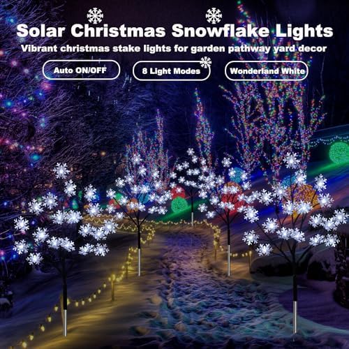 4-Pack 80LEDs Solar Christmas Snowflake Stake Lights, 8 Modes Solar Snowflake Christmas Decorations Outdoor Lights, Waterproof Outdoor Xmas Decorations for Garden Yard Pathway Walkway - Image 3