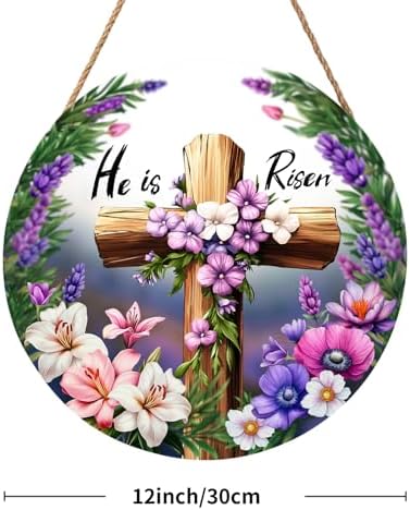 Harooni Easter Cross Sign, 12inch Bright/Vibrant Wooden Wall Mount Rustic Sign with 'He is Risen', Includes Twine, 12x12 inches - Image 2