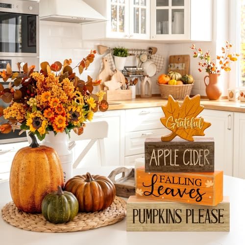 Moucuny 4 Pcs Fall Wooden Block Signs Tiered Tray Decor, Grateful - Image 4