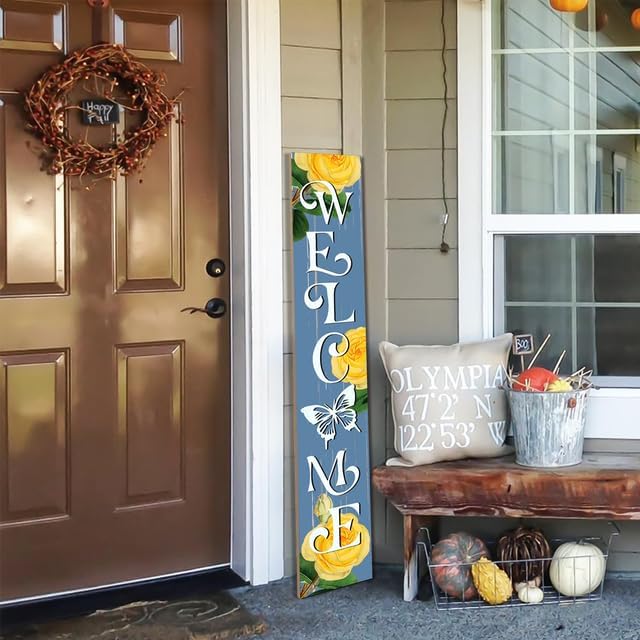 Blue Spring Summer Yellow Rose Wooden Sign 20x120cm Welcome Sign Porch Leaner Spring Decoration for Front Door Porch Yard Deck Patio Farmhouse Vertical Decorn, Spring Decor for Home - Image 2