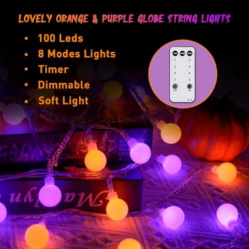 JMEXSUSS 100 LED Globe Orange and Purple Halloween Lights Indoor Remote - Image 5
