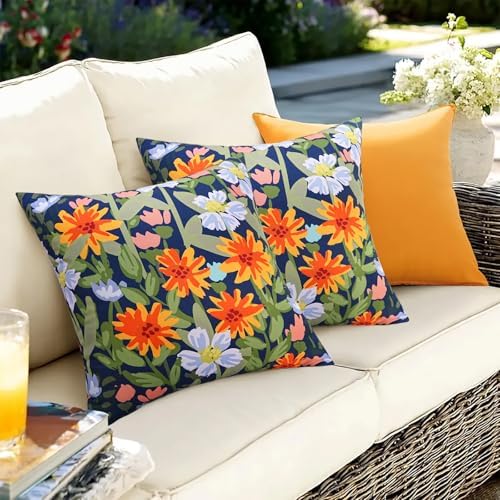 Pyonic Spring Summer Floral Outdoor Pillow Covers 18x18 inch Waterproof Throw Pillow Covers Outdoor Pillows for Patio Furniture Garden Bench Porch,Navy - Image 6