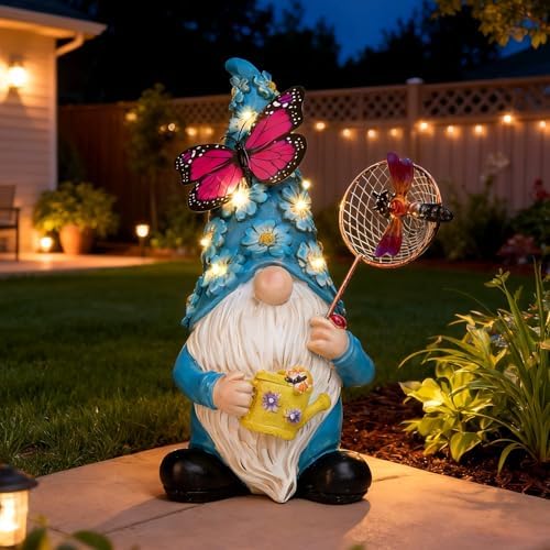Garden Gnome Statues Outdoor Decor Solar Gnomes with Butterfly on LED Lighted Flowers, Resin Blue Gnomes Sculpture for Patio Yard Lawn Onament Decoration - Image 3