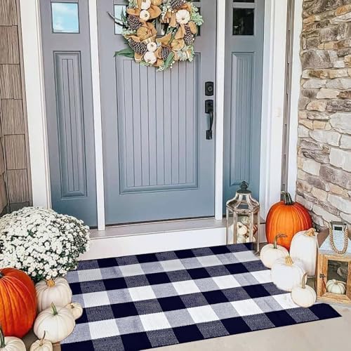 Buffalo Plaid Rug 28 x 43 Inches Fall Outdoor Front Door Decor Mat, Cotton Washable Hand-Woven Rug for Layered Doormat, Autumn Halloween Thanksgiving Carpet for Porch (Navy Blue and White Plaid) by Giaueoa