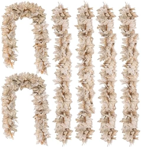 6PCS Beige Fall Maple Leaves Garland, 5.6Ft Artificial Maple Leaf Autumn Garland Hanging Fall Vines Table Decorations Front Door Fall Decor Thanksgiving Decorations Decor Outside Indoor Decor by Unknown