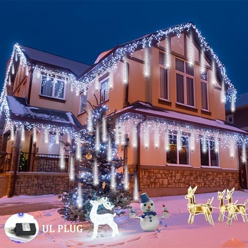 Weepong Christmas Lights Outdoor UL Certified Meteor Shower Lights 12 Inch 8 Tubes 192 LED Falling Rain Drop Icicle Snow Cascading Light for Xmas Tree Wedding Party Garden Decoration, White - Image 3