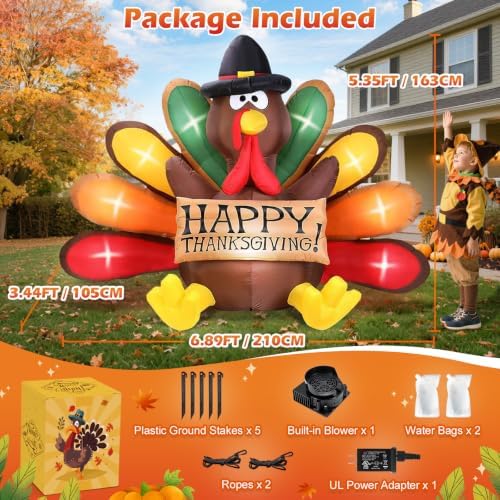 6FT Thanksgiving Inflatables Turkey Decor with Pilgrim Hat & Colorful Tail - Image 4