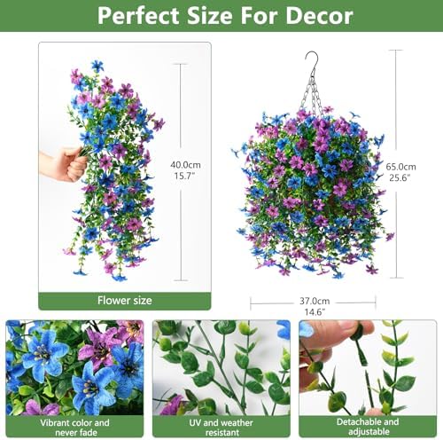 Artificial Faux Hanging Flowers Plants Basket for Outdoor Spring Home Decor - Image 2