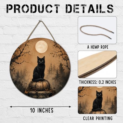Halloween Gothic Cat Round Door Sign, 10 Inch Wooden Hanging Plaque with Rope, Rustic Retro Wall Decor for Home Porch Entryway Halloween Party Decoration - A06 - Image 2
