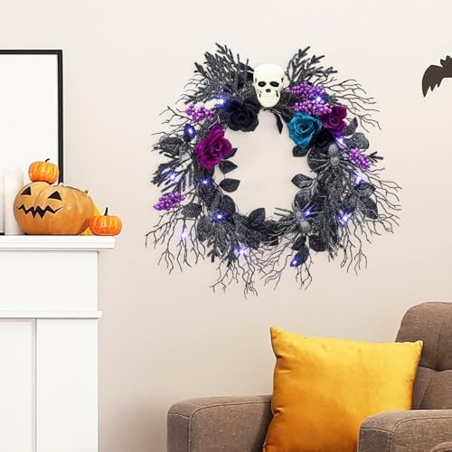 GarveeLife Halloween Skull Wreath for Front Door with Lights, 20 in Pre-Lit Black Purple Rose Spider, Gothic Garland Creepy Decor for Home Wall Porch Outdoor Indoor - Image 7