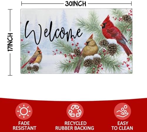 Winter Door Mat Outdoor for Front Door,Cardinal Pine Twigs Berry Merry Christmas Welcome Doormat,Xmas Holiday Floor Rugs for Indoor Porch Entrance Farmhouse Decor 30" x 17" - Image 3