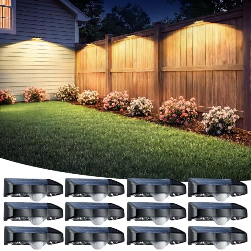 Solar Fence Lights Outdoor with Motion Sensor 12 Pack Warm White Fence Lights Solar Powered 3 Modes IP65 Waterproof Dusk to Dawn Outdoor Lights for Patio Deck Wall Backyard Garden Decorative by NIBUUECER