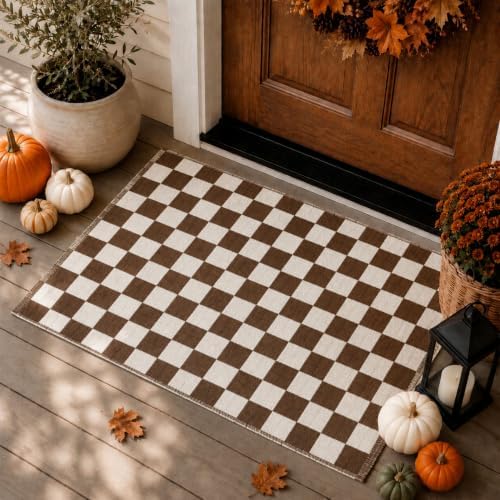 Duraaamo Brown and White Checkered Rug 2' x 3' for Fall Outdoor Decor by Duraaamo