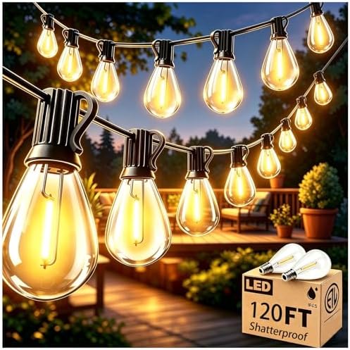 120FT Outdoor String Lights, LED Patio Lights with 30+2 Shatterproof S11 Edison Bulbs,Ultra Long Waterproof Hanging Lights for Backyard Deck Porch Party Decor Commercial Use 2700K by SmarealLEDStripLights