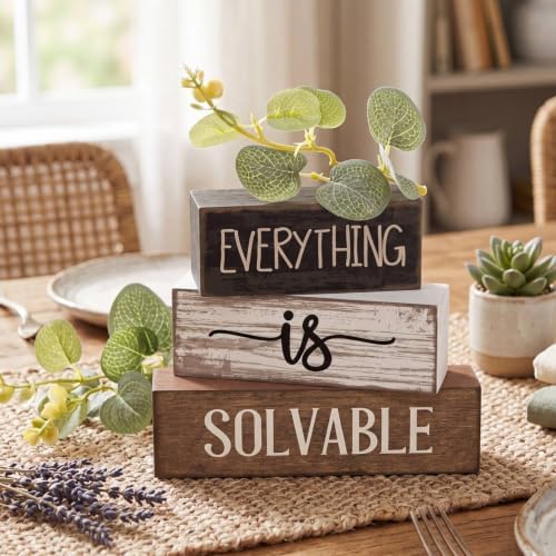 Lineshading 4 Pcs Inspirational Farmhouse Table Decor Rustic Wooden Stacked Block Signs with Inspirational Quote Artificial Eucalyptus Leaves Farmhouse Decoration for Home Office Shelf Gift - Image 2