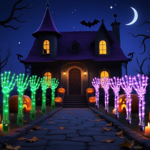 Solar Halloween Decorations,5Pack Skeleton Hands Halloween Pathway Lights - Waterproof LED Stakes with 250 Purple & Green Lights, 8 Modes - Scary Outdoor Yard Solar Powered Haunted Decorations - Image 3