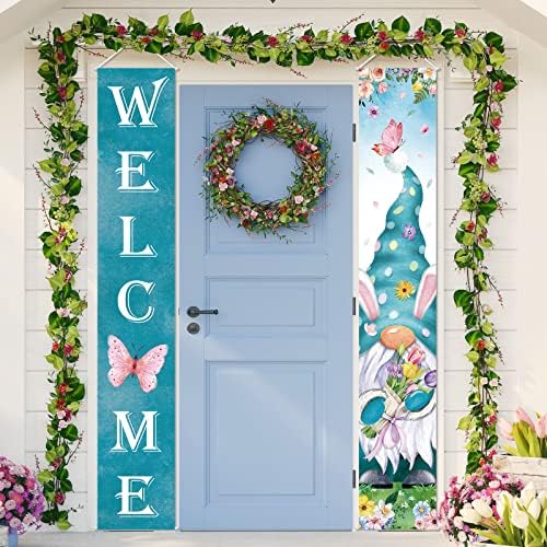 Welcome Spring Porch Banners Spring Gnome Door Banner with Gnome Butterfly Flower Pattern Tulip Hanging Banners Spring Home Decorations for Indoor Outdoor Home Yard Wall Supplies (Tulip Theme) by Tiamon