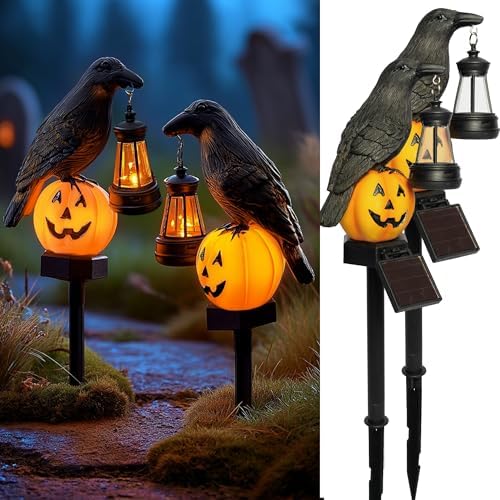 Dazzle Bright 2 Pack Halloween Crow Pathway Lights Outdoor, Solar Powered Resin Crow with Pumpkin Walkway Lights, Stake Light for Halloween Pathway Garden Lawn Yard Gifts Decoration by DazzleBright