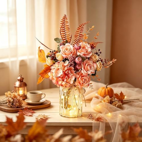 Artificial Fall Flowers with Vase & Lights – Faux Autumn Hydrangea & Rose - Image 3