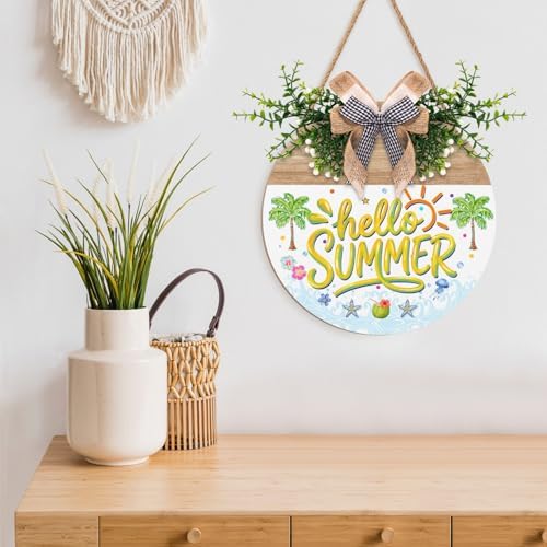 Hello Summer Door Sign Hanger Beach Theme Front Door Wreaths for Office Coastal Summer Wooden Hanging Signs Porch Wall Decorations for Outdoor Garden - Image 4