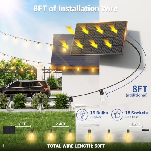 50FT Solar String Lights Outdoor Waterproof, 18+1 LED Solar Powered Lights with Remote Control, 3 Light Modes & Dimmable, USB-C Charging for Patio, Backyard, Garden, Camping - Image 6