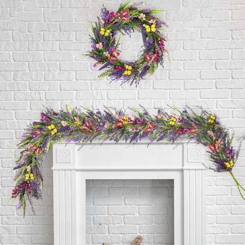 6.5 Ft Artificial Lavender Purple Garland Spring Summer Lavender Wild Flower Butterflies Wreath Swags Vine for Wedding Arch Porch Stair Table Indoor Door Home Mantle Fireplace All Year Decoration - Image 2