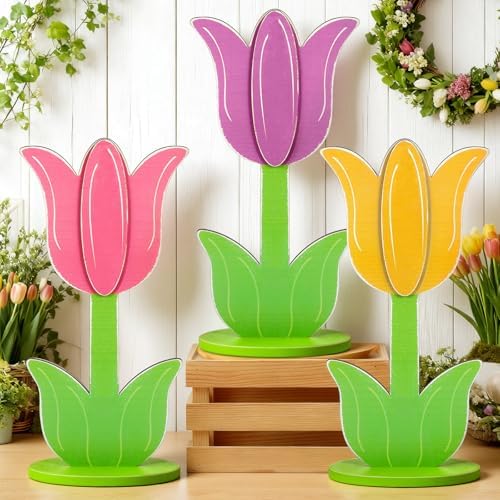 3 Pcs Large Spring Porch Decorations Wooden Tulip Yard Signs Outdoor Spring Decorations Tulip Flower Block Sign for Holiday Front Home Door Outdoor, 15.75 Inch - Image 4