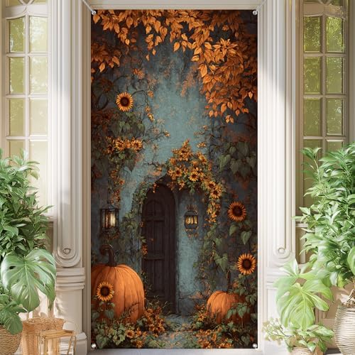 Front Door Covers Decorative, Spring Flower Design Door Curtain 70.8 x 35.4 Inch for Porch Outdoor Indoor Home Decor (Sepia) by AOHMPT