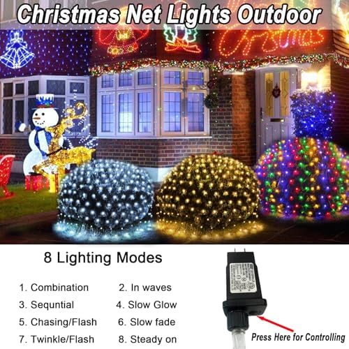 610 LED Christmas Net Lights, 34.5ft x 5ft Mesh Lights Outdoor with Timer & 8 Lighting Modes Clear Wire, Waterproof Connectable String Lights for Bushes Xmas Tree Garden Holiday Party - White - Image 2