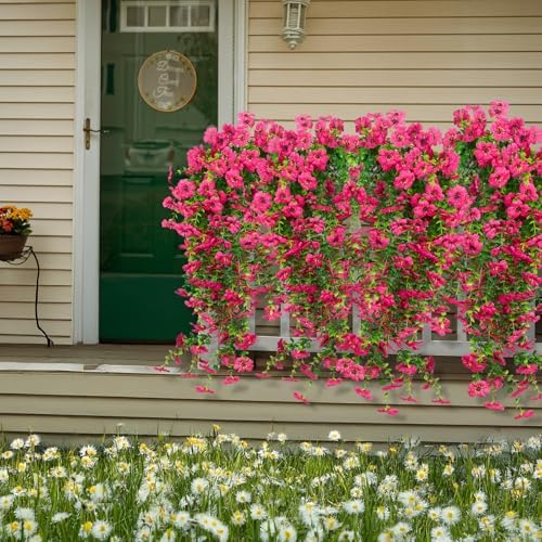 LikSoor 4 Pcs Artificial Outdoor Hanging Plants Spring Summer Decoration UV Resistant Faux Silk Flowers for Outside, Garden, Porch, Window, Home Decor (Rose Red) - Image 5