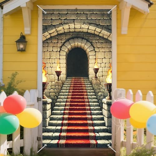 INV Medieval Fantasy Door Cover 35x71 Inch Double Sided Mysterious Door Decoration with Stone Arch, Red Carpet & Torch Flames for Indoor Outdoor Castle-Themed Party Decor - Image 7