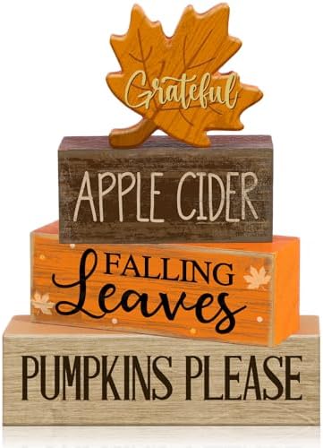 Moucuny 4 Pcs Fall Wooden Block Signs Tiered Tray Decor, Grateful by Moucuny