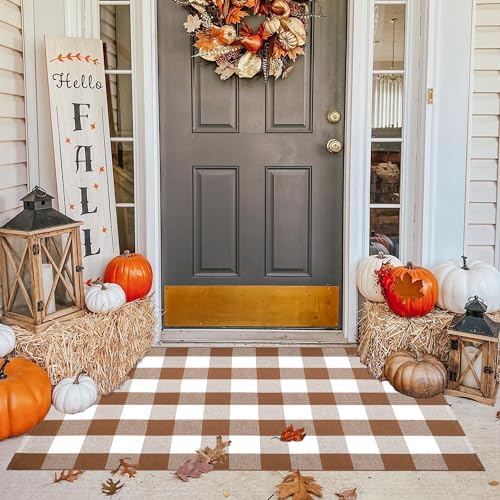 Ckorzen Coffee and White Plaid Rug, 4' x 6' Outdoor Front Porch Door Decor Mat, Washable Cotton Woven Farmhouse Area Rug for Layered Door Mats Carpet, Entryway, Easter Décor - Image 3