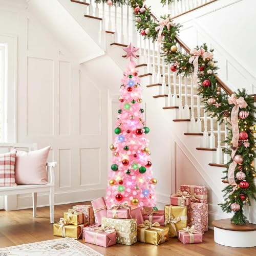 N&T NIETING Pop Up Christmas Tree with Lights & 30 Balls, 5Ft Collapsible Pink Tinsel Tree Decorations for Holiday Home Office Decor, Pink - Image 5