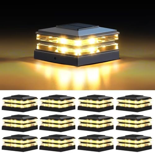 12 Pack Solar Post Cap Lights Outdoor Waterproof, Warm & Cool White, Black by ExcMark