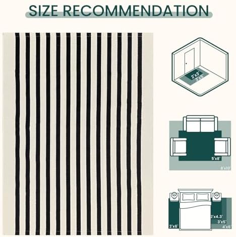KOZYFLY Beige and Black Striped Runner Rug 2x4.3 ft Mat Woven Cotton Rug - Image 3