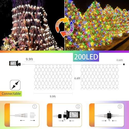 Color Change Christmas Net Lights, 9.8ft x 6.6ft 200 LED Bush Mesh with 11 Modes & Remote, Waterproof for Home, Holiday, Garden, Xmas Decor, Warm White & Multicolor - Image 7