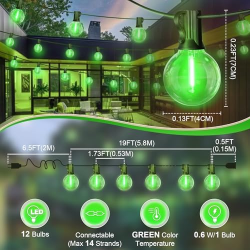 LAMPHOME LED Outdoor String Light, 26Feet Patio Lights with 12+1 Edison Shatterproof Bulbs(1Spare), UL Waterproof Outside Lights connectable Dimmable for Backyard Porch Decor,Green - Image 3