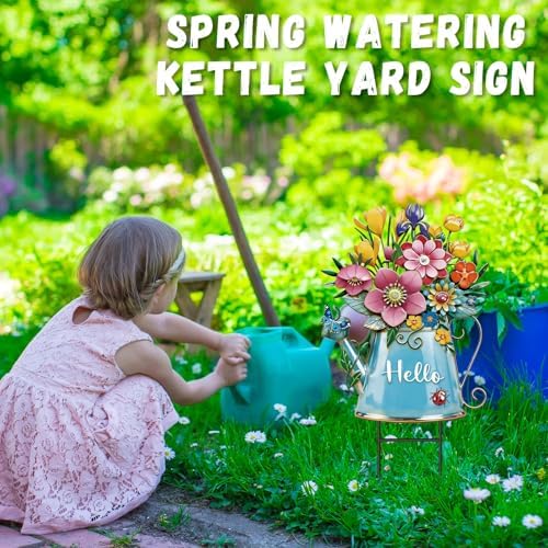 RattanView Summer Garden Decor for Outside, 26'' Decorative Garden Stakes Metal Watering Can with Flowers for Summer Decor Welcome Yard Signs for Outdoor Lawn Backyard Patio Porch Pathway - Image 2