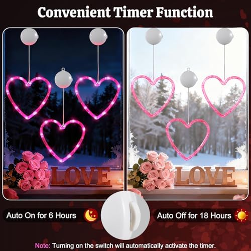Lewondr 3Pcs Valentines Day Window Lights with 2 Lighting Modes, Pink - Image 3