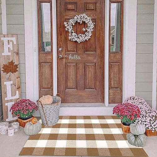 Buffalo Plaid Outdoor Rugs, 2'4" x 3'7" Brown and White Checkered Indoor/Outdoor Area Rug, Layering Rug for Hello/Welcome Door Mat, Washable Cotton Woven Farmhouse Mat for Fall Front Porch Décor - Image 2
