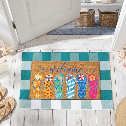 Duraaamo 2 Pcs Flip Flops Coir Doormat Set 16''x28'' Beach Welcome Doormat Outdoor, 24''x35'' Green and White Indoor Outdoor Rug,Summer Coastal Non Slip Front Door Beach Mat for Porch Decor Gift - Image 4