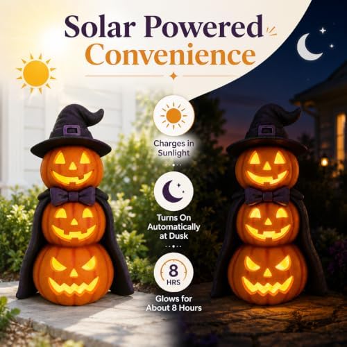 Solar Halloween Garden Statue Lighted Pumpkin Gnome Outdoor Decor - Image 2