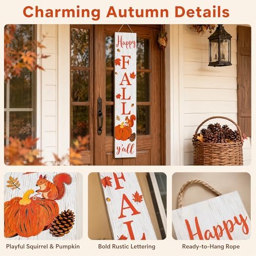 Happy Fall Y'all Vertical Standing Porch Sign - Farmhouse Fall Welcome Decor, Autumn Thanksgiving Decorative Wooden Sign with Pumpkin, Squirrel & Maple Leaves, Rustic Fall Home Decor for Front Porch - Image 4