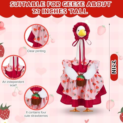 Abbylike Summer Porch Goose Outfits for 23''/17" Cement Statue Strawberry Goose Outfit Strawberry Gril with Basket Costume for Spring Summer Outdoor Yard Lawn Patio Decor - Image 3