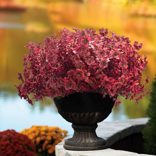 Grunyia 16 Bundles Artificial Boxwood Flowers Outdoor UV Resistant, 13.5" Fall Faux Greenery for Porch Planters Thanksgiving Decor - Fake Plants for Garden, Fireplace, Front Door(Wine Red) - Image 2