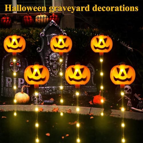 6 Pack Solar Pumpkin Garden Pathway Stake Lights Outdoor Halloween Decorations,8 Modes Solar Pumpkin Lights for Outside Waterproof Lighted Scary jack o lantern for Patio Yard Lawn Grave Decor - Image 6