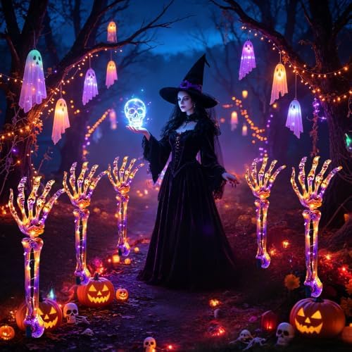 Solar Halloween Pathway Lights Outdoor - 5Pack Lighted Skeleton Arm for Outdoor Walkway Yard Garden Decorations, 250 LEDs Purple and Orange Halloween Solar Pathway Stake Lights Decor, 8 Modes - Image 7
