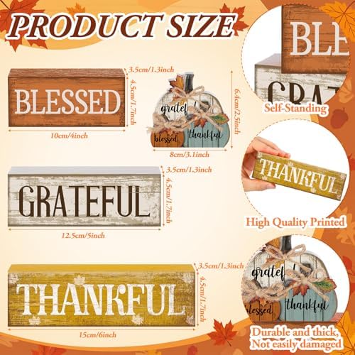 Lineshading 4 Pcs Stacked Pumpkin Block Signs, Fall Thanksgiving Decor - Image 2